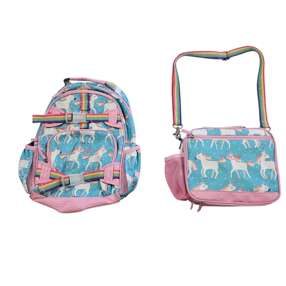 PBK Mackenzie Backpack & Lunchbox Aqua Unicorn Harper Monogram Good Condition